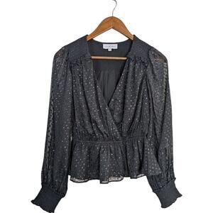 Ash & Eden Swiss Dot Top 4 Black Faux Wrap Peplum Smocked Sheer L/S Shimmer